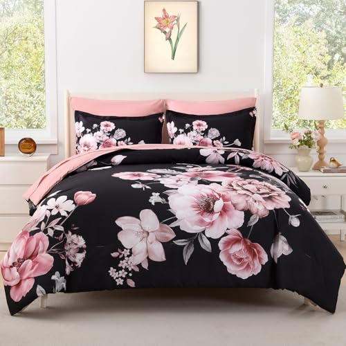 Floral King Size Comforter Set - 7 Piece Botanical Black and Pink Bed in a Bag Ulter Soft Microfiber Bedding Set, Lightweight Bed Comforter Set with Sheets for All Season (Black, King)