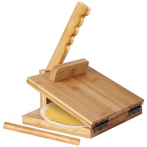 Tortilla Press 10 Inch, Rotatable Bamboo Flour Tortilla Press, Easy to Clean Chapati Maker with Rolling Pin & Parchment Paper for Kitchen.