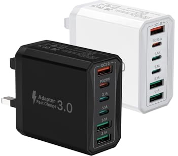 2 Pack USB C Plug UK 55W, Tupneuf 6-Port Multi USB Charger with 25W PD & 18W QC 3.0, Type C Fast Charger for iPhone 17 16 15 Pro Max, iPad Pro Air, Samsung Galaxy S25 S24, Office Travel, Black White