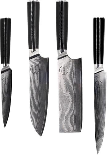 Sumisu Knives - Japanisches Messerset 4-teilig - 100% Damaststahl - Santoku - Nakiri - Yanagiba und Shotoh Messer - Links- und Rechtshänder - Schwarz