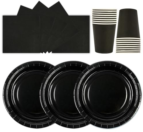 HiEnjoin 72 Stück Partygeschirr Set, Schwarz Papiergeschirr Set, Geburtstag Party Geschirr Becher Serviette Pappteller für Babypartys, Geburtstag, Weihnachten Geburtstagsparty Deko-24 Gäste
