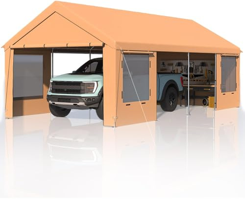 EROMMY Carport, 12 x 24 FT Heavy Duty Carport with Roll-up Windows，Portable Garage with Removable Sidewalls, Car Canopy with Sandbags and All-Season Tarp for Tractor, Truck, Boat, Yellow