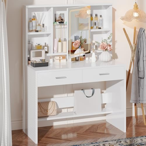 JUMMICO Coiffeuse avec Miroir LED, 3 Couleurs D'éclairage, Table de Maquillage avec Étagère Réglable, Rangement Derrière Le Miroir et 2 Tiroirs, Meuble Chambre Style Moderne