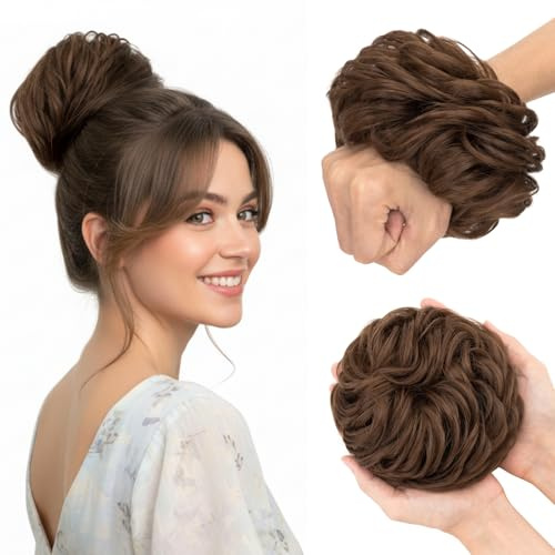 MY-LADY Haarteil Mit Gummiband Dutt Haarteil Haargummi Mit Haaren Perücke Haarverlängerung Haardutt Bun für Damen Mädchen 45g (#04 Schokoladenbraun Locken)