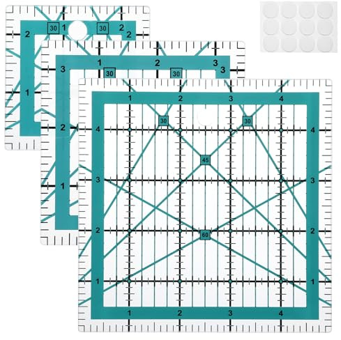 Nogeqi Set di 3 righelli patchwork, righello da sarto, righelli trapuntati, con indicatori angolari, accessori da cucito, righello in tessuto (6,3/8,8/12,6 cm)