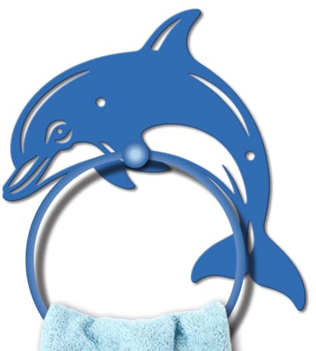 MAYJOYDIY Blue Dolphin Metal Towel Ring Ocean Animal Hand Towel Holder | Wall Mounted Towel Rack, Blue Round Towel Hanger, Summer Sea Creature, for Kitchen Bath Home Laundry Toilet Decors Gift