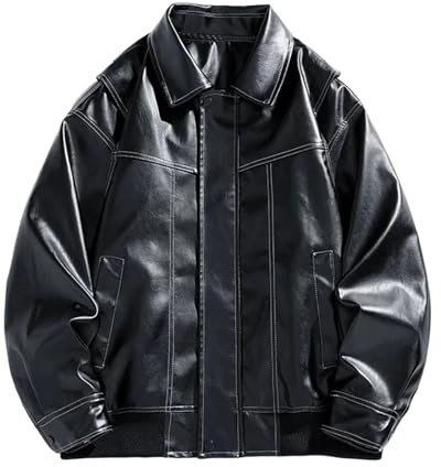 Jegsnoe Chaqueta de cuero para hombre, primavera, otoño, suelta, con solapa, para motocicleta, abrigos, Negro, L