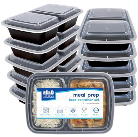 Harbour Housewares Reusable Meal Prep Containers with Lids - Pack of 10, 800ml 2-Compartment BPA-Free Food Storage Boxes, Stackable Microwave Freezer Dishwasher Safe Lunch Boxes for Meal Preparation