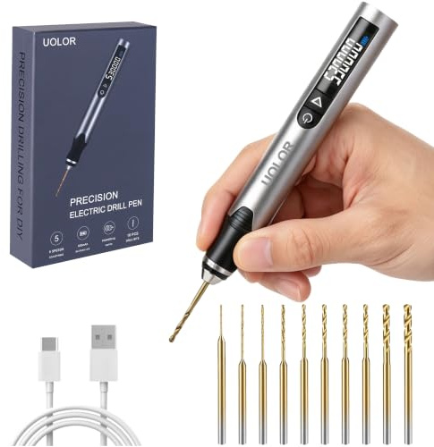 Uolor Upgraded Electric Mini Drill Pen, 5-Speed 30,000 RPM High-Speed Smart Precision Electric Hand Drill, 600 mAh Rechargeable Battery, Micro Drill Set for Jewelry Making Resin Keychains DIY Craft