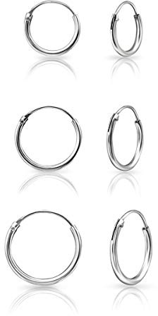 DTPsilver® 3 Paare WINZIGE Creolen Ohrringe 925 Sterling Silber - Knorpel/Wendel/Tragus - Dicke 1.2 mm - Durchmesser 10, 12, 14 mm