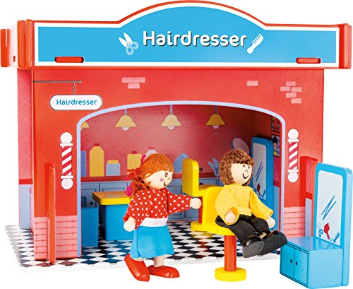 small foot 10856 Spielhaus Friseursalon aus Holz, mit 2 Puppenfiguren, Zubehör und abnehmbarem Dach, ab 3 Jahren