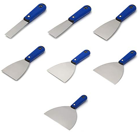 DEWEPRO Set Spatole 7 Pezzi 25–150 mm In Acciaio Inox Lucidato – Lame 0,7 mm Con Impugnatura 2K – Spatole Manuali Per Rasatura Gesso Rimozione Carta Da Parati E Ristrutturazione