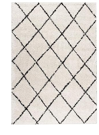 FRAAI | Home & Living Teppich Hochflor - Grand Lines Creme Schwarz - 120x170 cm - Kariert, Gestreift, Shaggy - Modern, Skandinavisch - Wohnzimmer, Esszimmer, Schlafzimmer - Fellteppich