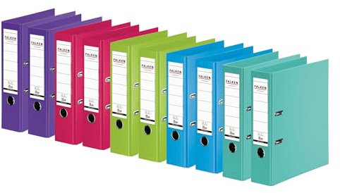 Original Falken 10er Pack Chromocolor Premium-Ordner. Made in Germany. Kunststoffbezug außen und innen 8 cm breit DIN A4 farbig sortiert zu je 2x mint, hellblau, lindgrün, pink, violett