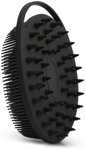 Upgrade Body Scrubber and Hair Shampoo Brush, All in One, Premium Silicone Loofah, Exfoliating Body Brush, Shower Scrubber for Body, Scalp Massager for Women, Men, Pet (1PC Black)