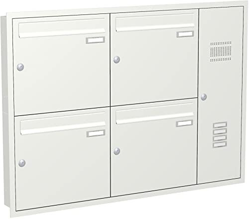 Briefkastenanlage Unterputz mit eckiger Verkleidung und Klingeln Modell U3 Farbe RAL 9016 Verkehrsweiß, Größe mit 4 Briefkästen