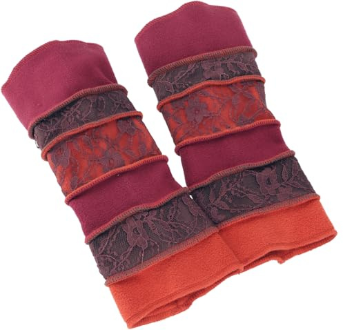 Elfen Handstulpen, Boho Pulswärmer, Fleece mit Spitze, Wine/orange