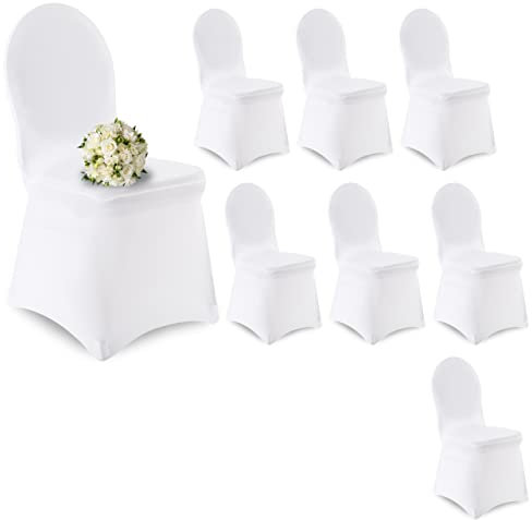 Raburg 8er-Set Stretch-Stuhl-Husse, runde Lehne, für viele Stühle & Anlässe, mit Schleife, Universal-Stuhlbezug/Stuhlabdeckung, Hochzeit Taufe Bankett Party Garten-Hochzeit, Cinderella, Weiß