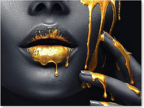 LXTOPN Schwarz Gold Frauen Lippen Leinwandbild, Modernes Wandkunst Poster, Kein Rahmen (60x80cm), Wohnzimmer Deko