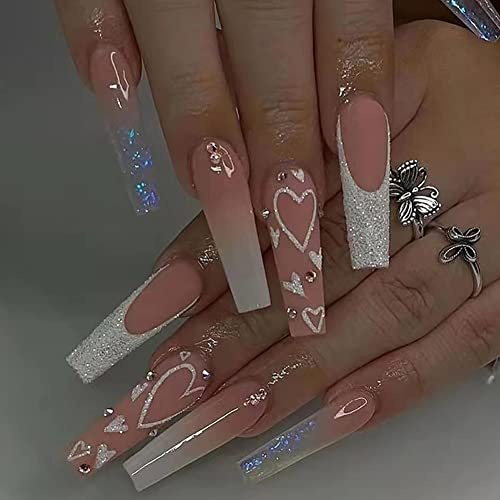 Carufin 24 Stücke Kronenlippen Lange Sargnägel Glänzendes Herz Französische Kunstnägel Acryl Falsche Nägel Drücken Sie auf den Nägeln Ballett Falsche Nägel für Frauen Mädchen (D)