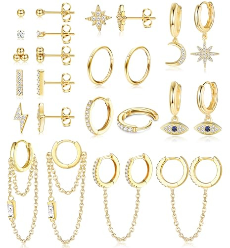 JeweBella set med 12 par små örhängen för dam, i rostfritt stål, minicreoler, hänge med kedja, stjärna, måne, örhängen, allergivänliga zirkonsmycken, boll, djävulsöga, guld/silver, Rostfritt stål