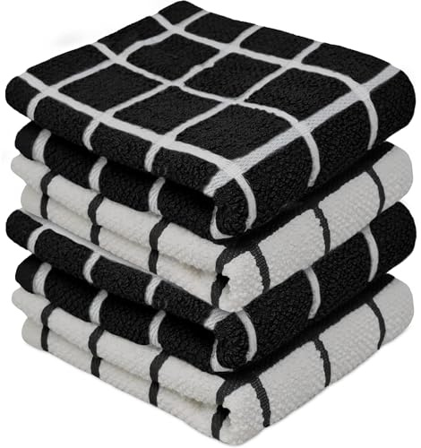 Towelogy® Premium Tea Towels for Kitchen 100% Cotton Lint Free Large Black/White Jumbo Check Dishcloths Tear Resistant & Ecofriendly 45x65 cm (Black/White, 4)