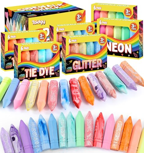 Toidgy 36 PCS Sidewalk Chalk for Kids in 6 Packs, 18 Colors, Outdoor Sidewalk Chalk for Toddlers 1-3 Nontoxic, Washable Sidewalk Chalks Bulk, Kids Outdoor Toys with Painting on Chalkboard & Playground