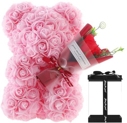 Amesor Orso di Orsetto di Rosa - Orsacchiotto Composto da Artificiali | Orsetto di Fiori Rosa | Orsetto di Rosa con Scatola | Regali Romantici per Moglie, Fidanzata, Matrimonio, Anniversario