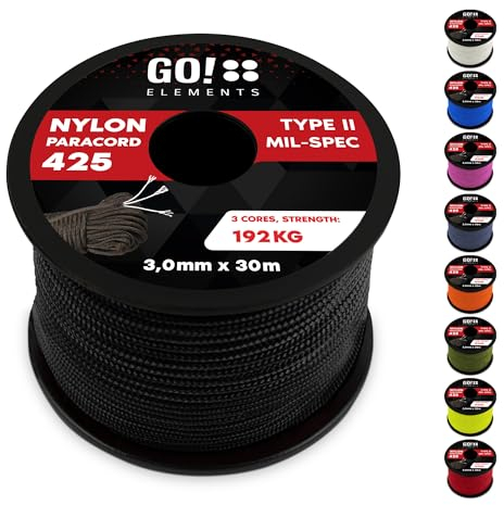 GO!elements Paracord de Nylon Resistente al desgarro 3mm – Tipo II 425, línea Multiuso para Exteriores y Supervivencia, Carga máx. 192kg
