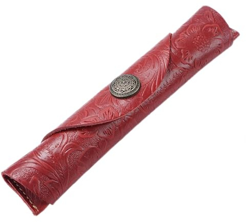 Leder Federmäppchen Handgemachte Stifteetui Kreative Leder Vintage Roll Pen Case für Arbeit Büro, rot, 18x3cm