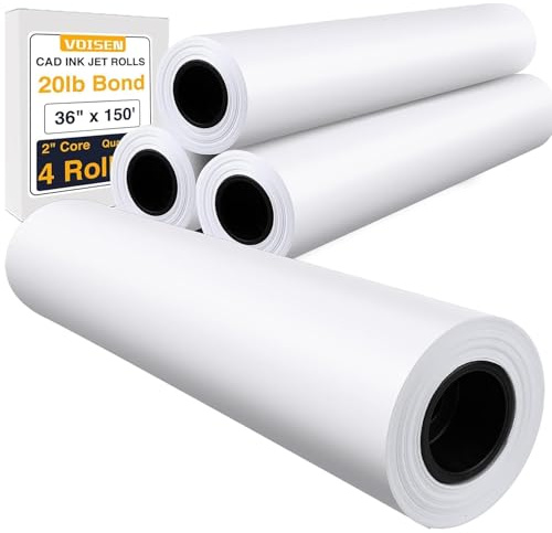 VOISEN Wide Format Paper,4 Rolls Plotter Paper 36 In x 150 Ft, 20lb CAD Bond Rolls on 2 Core for CAD Printing on Wide Format Ink Jet Printers