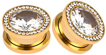 2Pcs Plugs 14mm Paar Edelstahl, Tunnel Gold Rund Mit Zirkonia Zirkonia Flesh Tunnel Set
