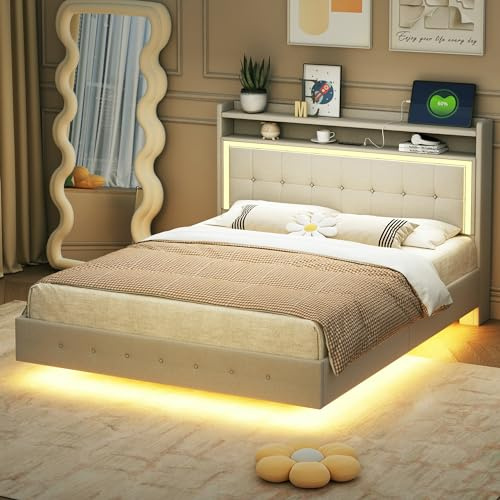 Kayan Polsterbett 140x200 mit LED und USB, Doppelbett mit Lattenrost, Polster Kopfteil mit Regal, Jugendbett Stauraumbett Bettgestell, Leinen Beige, ohne Matratze