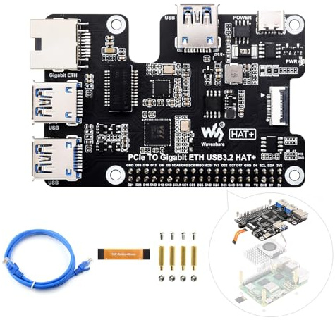 Waveshare PCIe to Gigabit Ethernet and USB 3.2 Gen1 HAT, Compatible with Raspberry Pi 5, 3X USB 3.2 Gen1, 1x Gigabit Ethernet, Driver-Free, Plug and Play