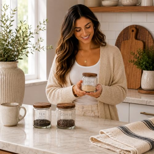 Glass Tea Coffee Sugar Canister Set of 3 with Wood Lids – Stackable Kitchen Storage Jars – Airtight Clear Glass Containers for Countertop Organisation