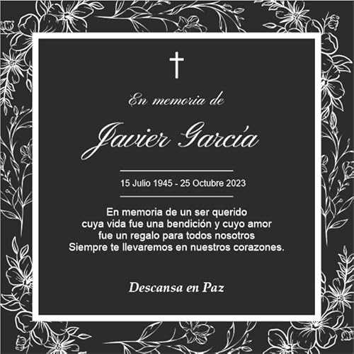 Placa funeraria de aluminio negro para exterior e interior grabada con láser para lápida, nicho o pared. Cinta doble cara ultra fuerte. Flores