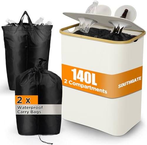 SOUTHGATE 37 Gallon Recycling Bin for Kitchen with 2 Compartments, 140L Large Indoor Recycling Trash Can with Lid, 2 Removeable Reusable Inner Bags Bottle Can Glass Waste Plastic Stickers, White