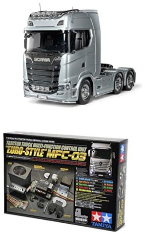TAMIYA Bundle 56373 1:14 RC Scania 770 S 6x4 Silber vorlackiert + 56523 1:14 MFC-03 Truck-Multifunktionseinheit, schwarz, fernsteuerbarer, Lastwagen, LKW, Konstruktionsspielzeug, Modellbau, Basteln