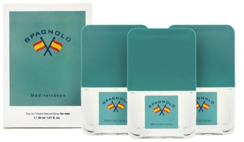 SPAGNOLO - Mediterráneo Pack de 3 x 30 ml, Colonia Hombre, Formato Viaje en Spray, Perfume Hombre, Eau de Toilette Natural y Masculina, Aroma Amaderado Aromático, Fragancia Fresca y Enérgica