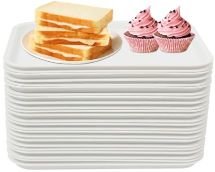 RjcdOPL Lot de 24 Plateaux de Service en PP, Compatibles Lave-Vaisselle et Micro-Ondes, 36 x 27cm, pour Fast-Foods, Restaurants, Cafétérias (Blanc)
