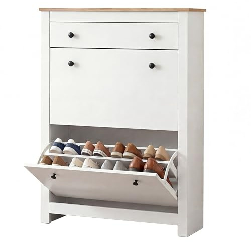 Shoe Cabinet with 2 Flip Drawers Wooden Shoe Storage Organiser Cupboard Narrow Shoes Rack Cabinet Freestanding Footwear Rack Stand Hallway, Entryway, White 87.5W x 26D x 110H cm