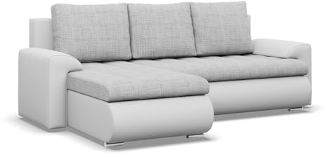 Mebligo - Ecksofa mit Schlaffunktion und 2 Bettkasten Grau + Weiß 230x89x159 (BxHxT) FORESTA - Links Eckcouch, Sofas & Couches, Couch L Form, Cauchsofa, Sofa Wohnzimmer