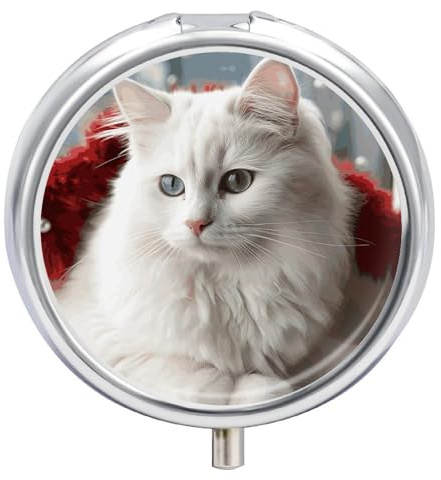 Pillendose mit niedlicher weißer Katze, Medikamentendose, 3 Fächer, täglicher Tablettenbehälter, kleiner Pillenbehälter, runder Pillenhalter, Reise-Pillendose, Metall, Pillendose für Geldbörse