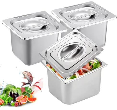 BORDEAG - Set med 3 GN 1/6-behållare i rostfritt stål med lock – höjd 10 cm – gourmetbehållare för livsmedelsförvaring, ångkokning eller som insats i ett chafing dish