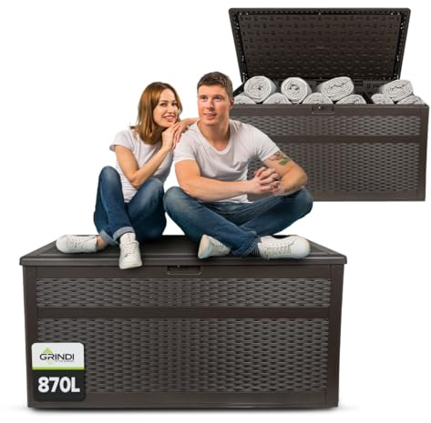 Grindi Gartenbox 870 L Auflagenbox Rissa Kissenbox Gartenmöbel Balkonmöbel | Auflagenbox wasserdicht - Kissenbox Outdoor wasserdicht - Aufbewahrungsbox mit Deckel Garten - Geräteschuppen Garten Zubehör