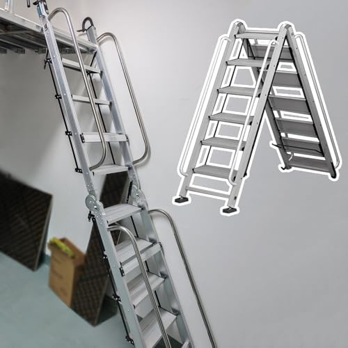 EXCLURA Dachbodentreppe Dachbodenleitern mit Breiten Stufen, Klappbare Treppenstufenleitern für Verschiedene Zwecke, Aluminium-Feuerleiter für Fenster/Wohnungen/Balkon(Silver,12 step-350cm (137.8))