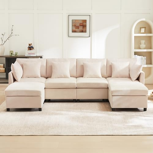 Kebnor Divano moderno in ciniglia con poggiapiedi rimovibile, 4 posti, divano angolare a forma di L, divano modulare, adatto per casa, soggiorno, ecc. (beige)