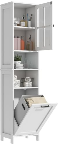 GoaHi 67.5 Tall Bathroom Storage Cabinet 40×30×171.5 cm– Slim Freestanding Cupboard with Laundry Basket, Clear Acrylic Door & 2 Open Shelves for Small Bathroom, Laundry Room, Hallway White