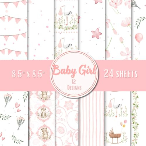 24 Pcs Baby Girl Scrapbook Paper, 8.5 x 8.5 Nany Pattern Decorative Paper Girl DIY Craft Paper-Cut for Birthday Card Making Photo Album Crafts Card Supplies