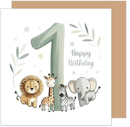 Edition Seidel Biglietto di auguri quadrato per il 1° compleanno con busta. Biglietto di auguri con scritta in inglese Happy Birthday per ragazze e ragazzi animali (GQ532 SW025)